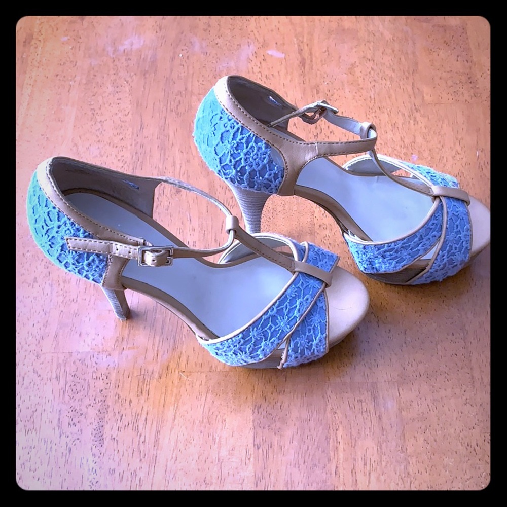 Tan and baby blue 6in heels